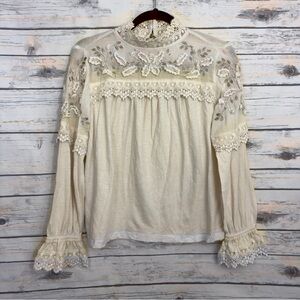 Anthropologie Ivory Lace Crochet Embroidered Long Sleeve Blouse